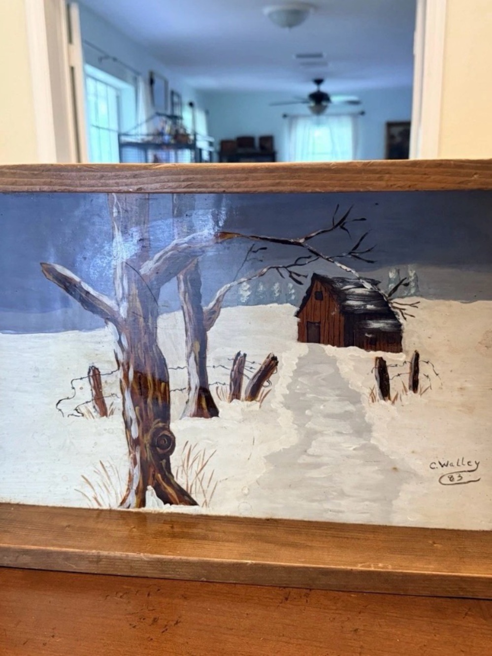 Vintage 1983 C. Walley Hand Painted Winter Landscape Wood Serving Tray Folk Art